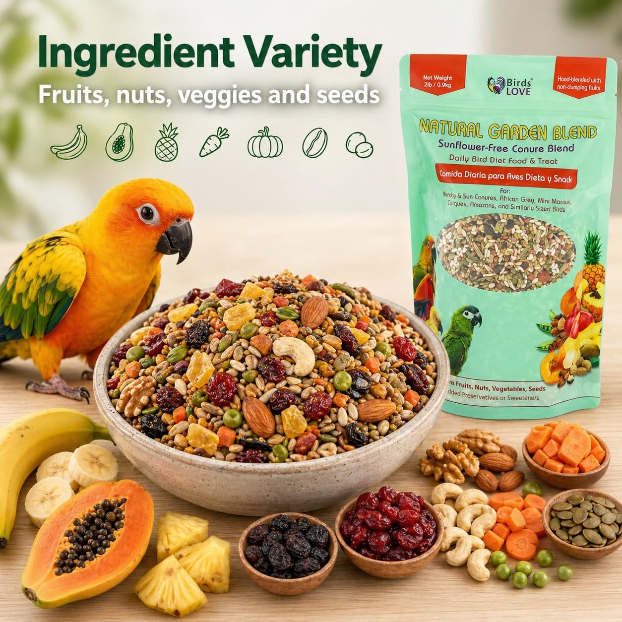 Birds LOVE sunflower-free formula presented in a bowl for conures
