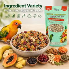 Birds LOVE sunflower-free formula presented in a bowl for conures
