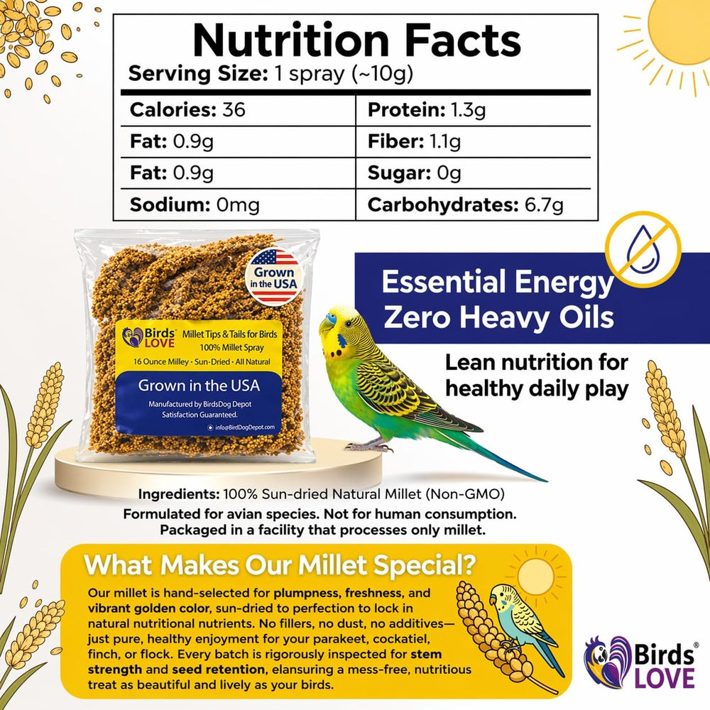 Birds LOVE Millet Tips & Tails two-to-five inch pieces for various sizes