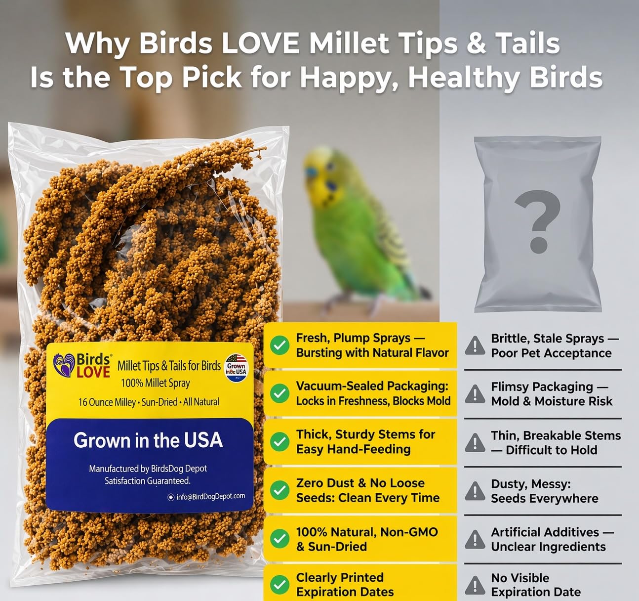 Birds LOVE USA grown millet spray supports healthy energy for birds