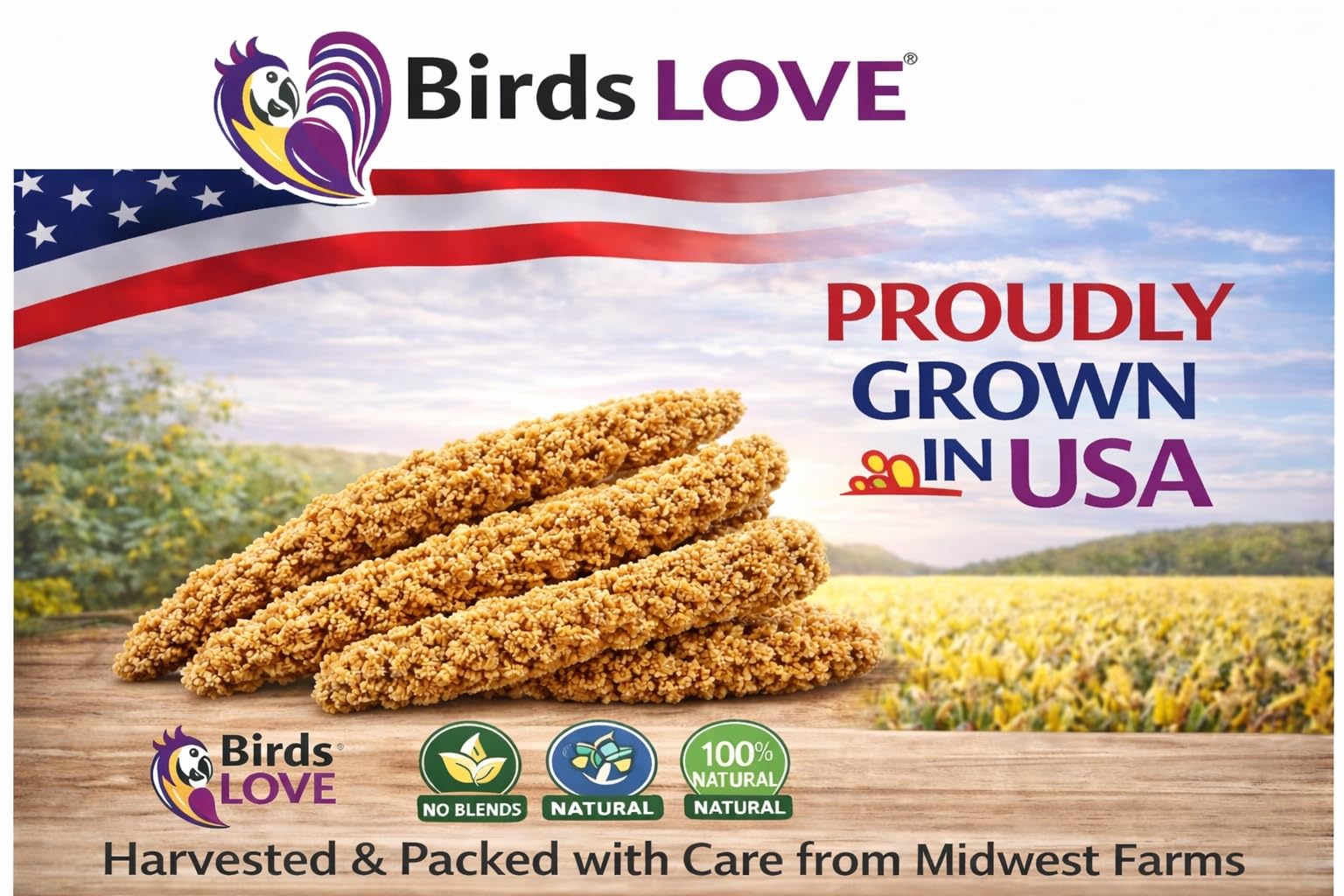Birds LOVE USA-grown millet showcases natural quality for daily treats.