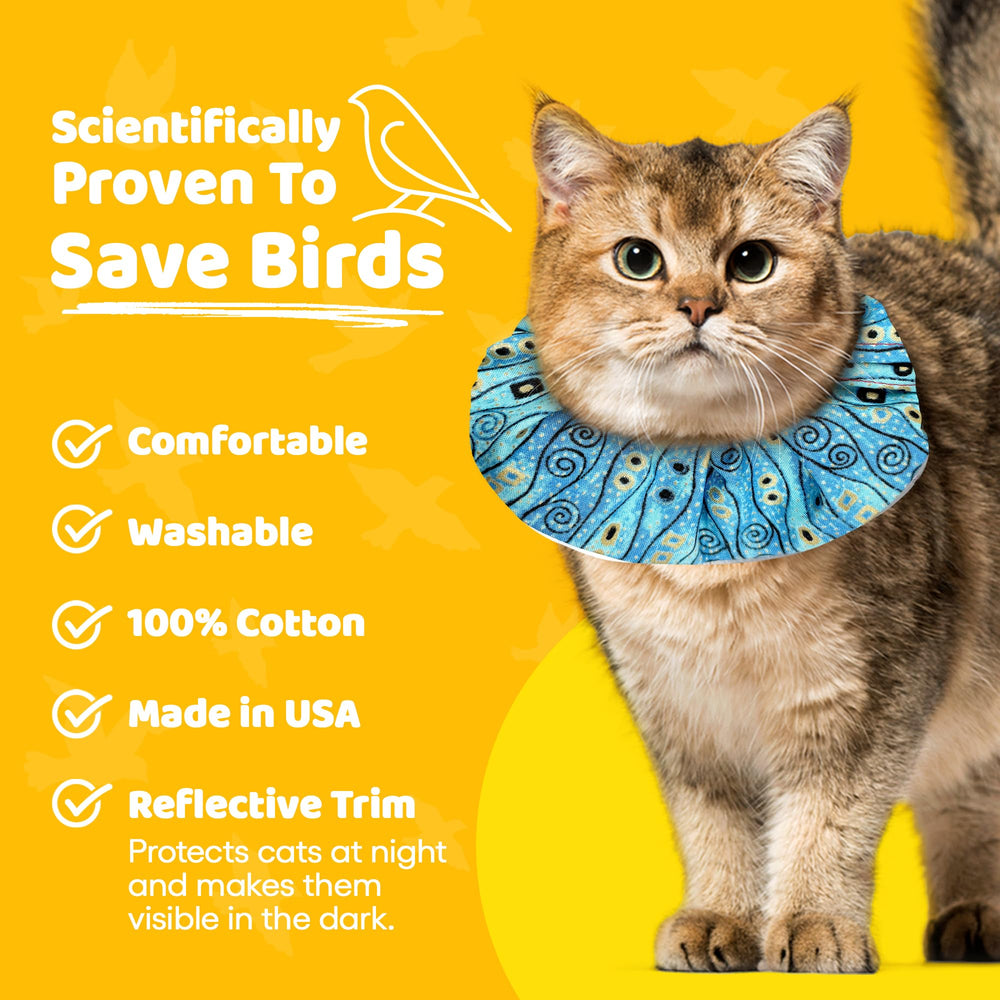 Cat wearing Birdsbesafe Bejeweled Stripes cover demonstrates easy slip-on over breakaway collar.
