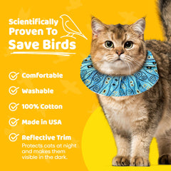 Cat wearing Birdsbesafe Bejeweled Stripes cover demonstrates easy slip-on over breakaway collar.