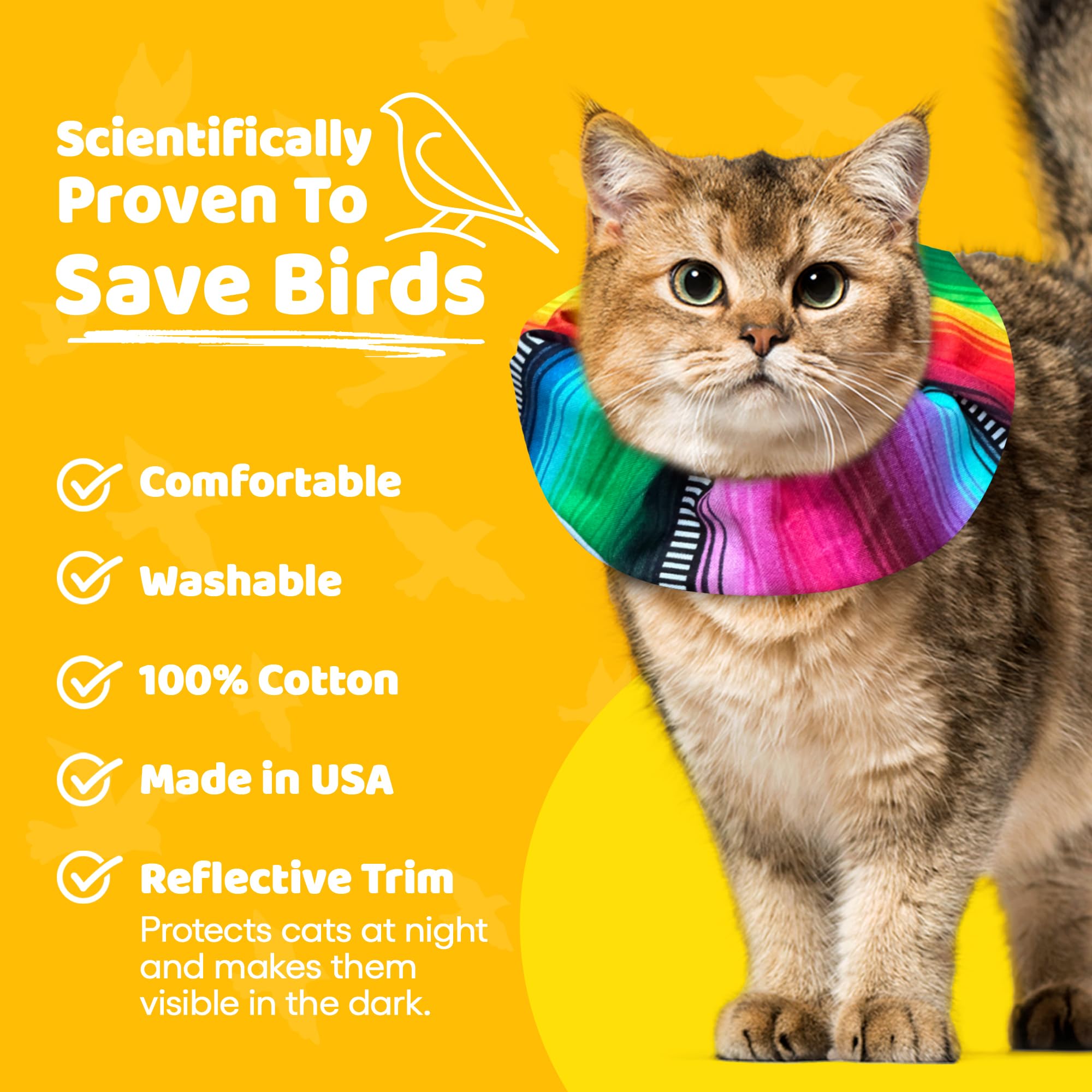 Birdsbesafe Frida collar cover displays bird-warning signals visible to birds.
