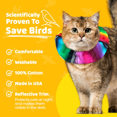 Birdsbesafe Frida collar cover displays bird-warning signals visible to birds.