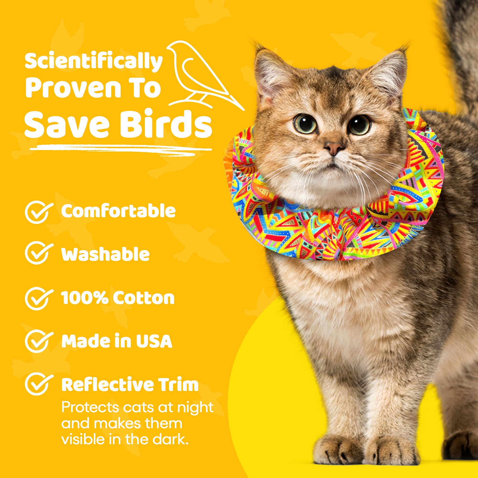 Birdsbesafe Geodelic collar cover features reflective trim for night safety.