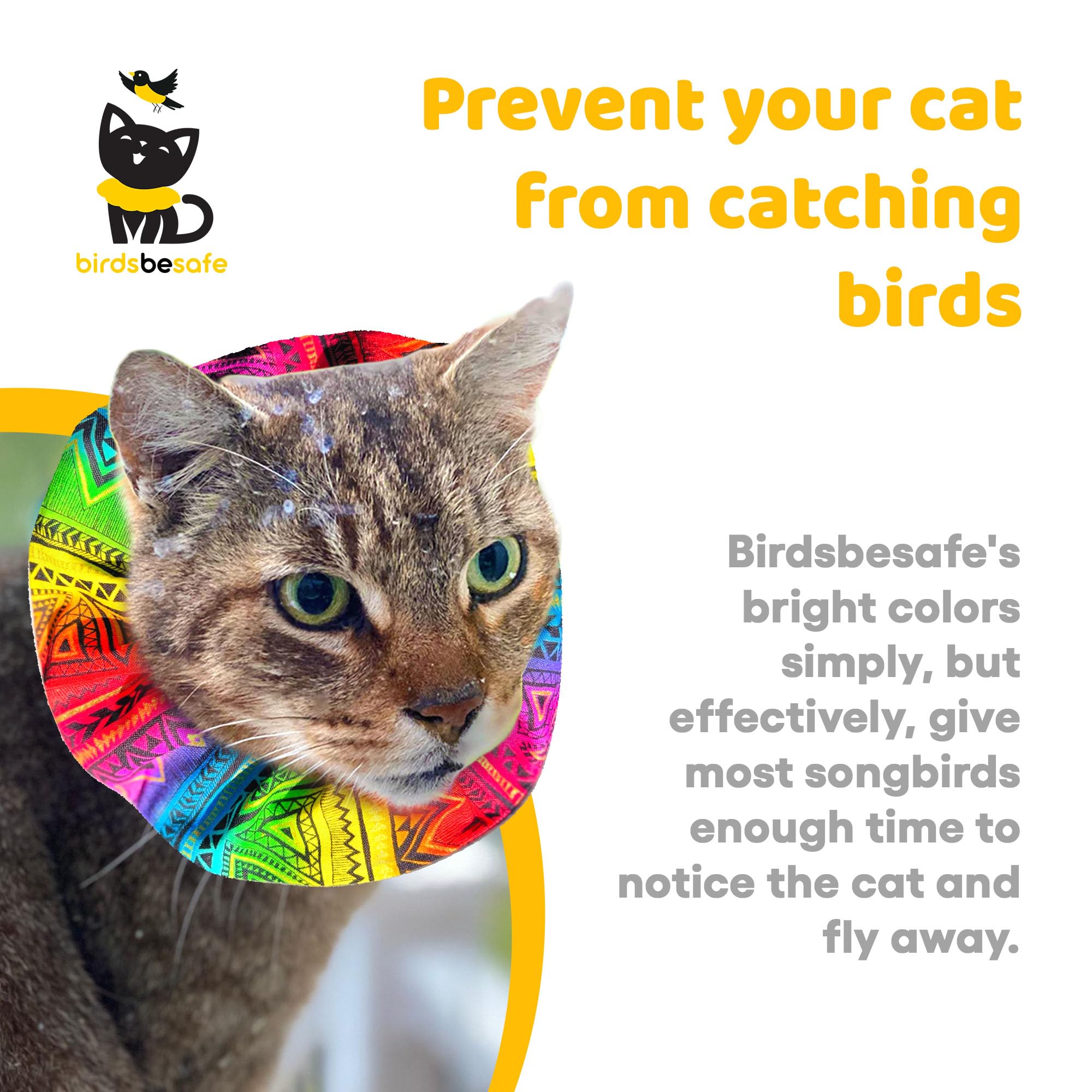 Birdsbesafe Tribal Stripes Cat Collar Cover side view shows vibrant pattern for bird awareness.