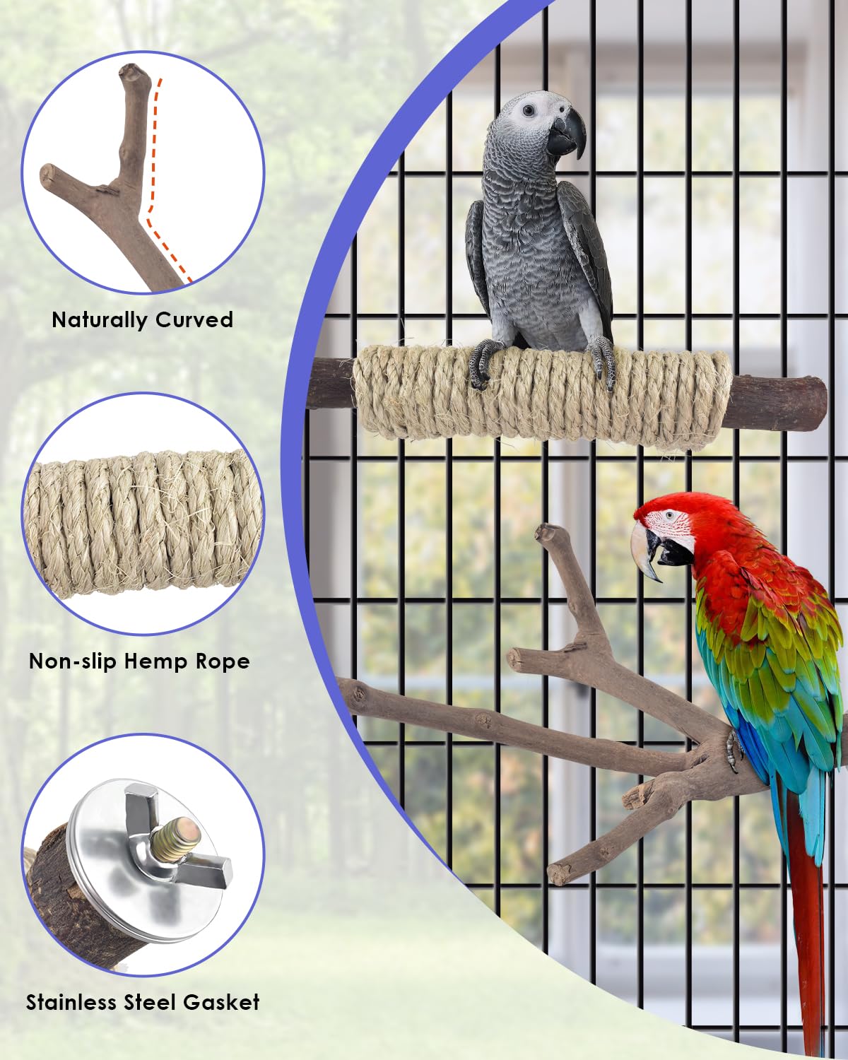 Bissap parrot perch branch with rope offers secure, versatile cage placement