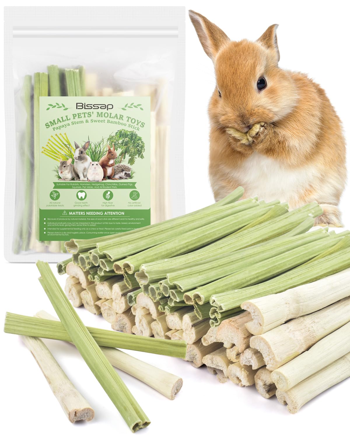 Bissap rabbit chew sticks pack allows varied nibbling and dental wear for small pets.