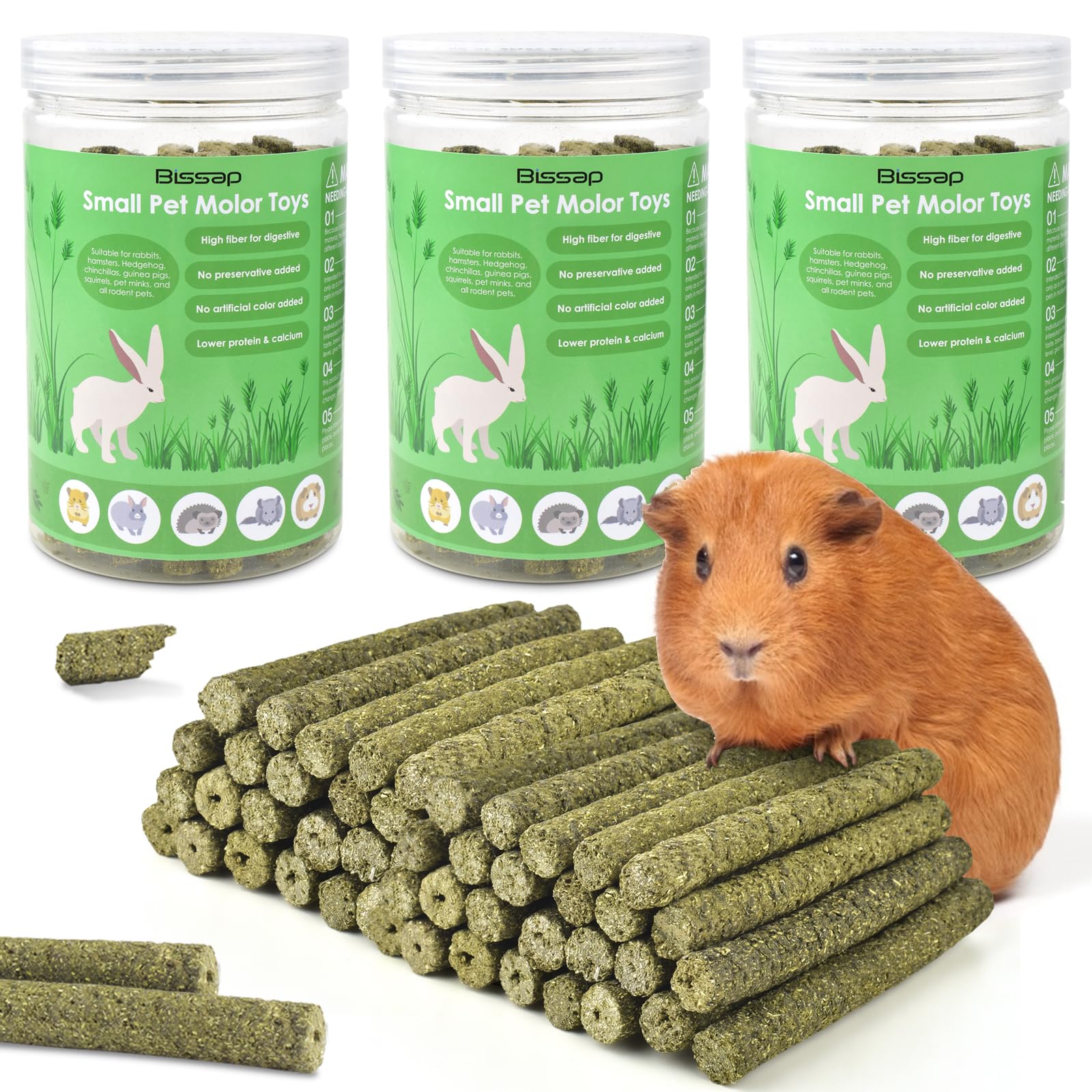 Bissap Timothy hay sticks packaging shows resealable can to keep freshness.