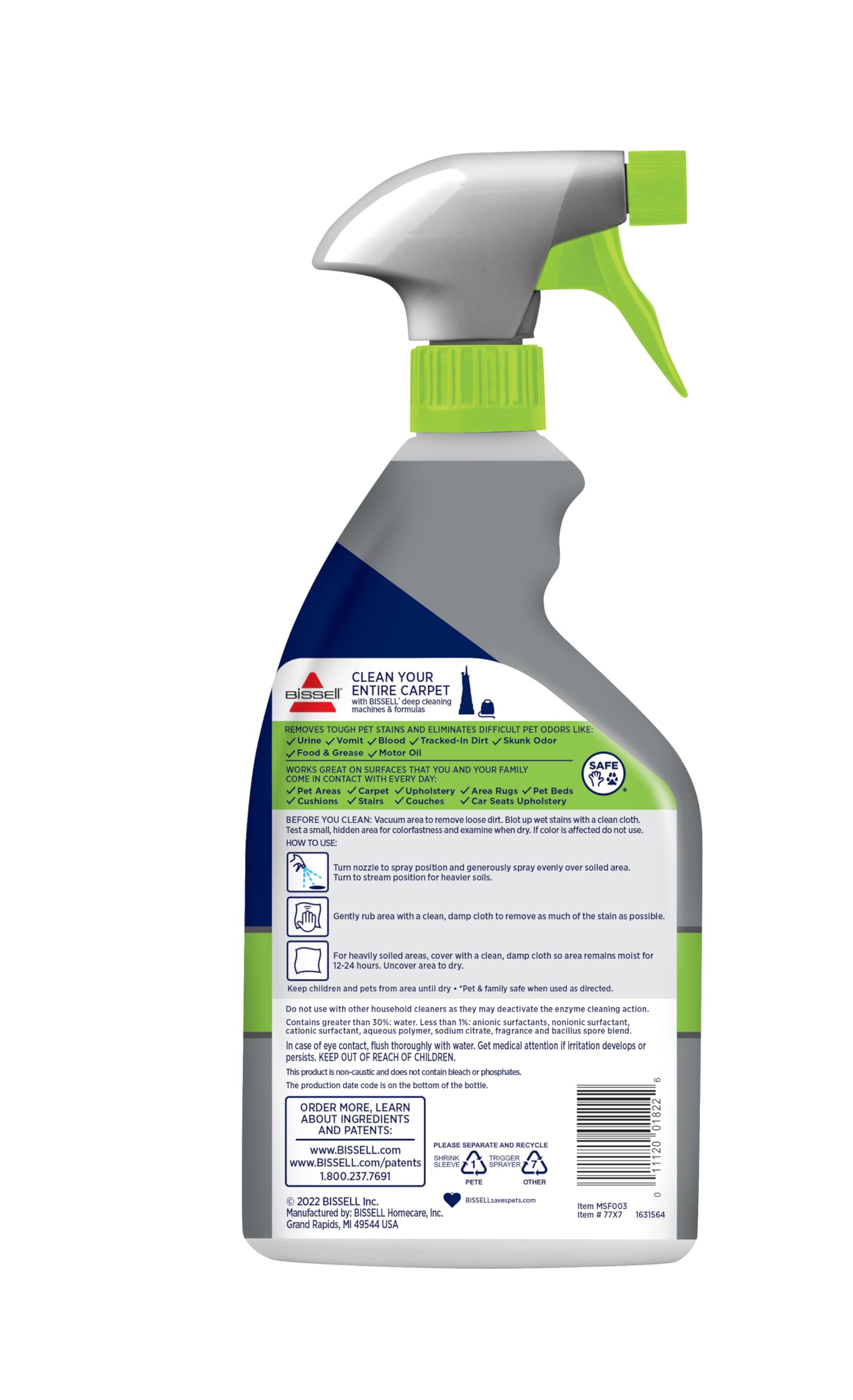 Bissell Pet Pro bottle shown beside a stained carpet in living room