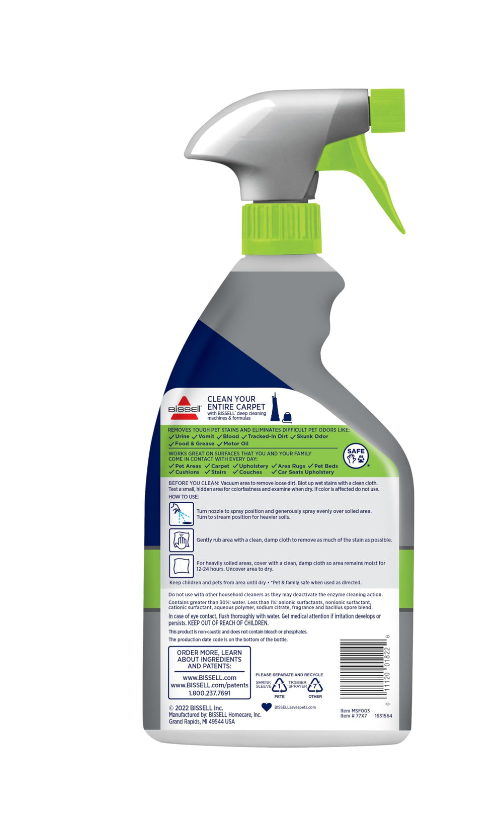 Bissell Pet Pro bottle shown beside a stained carpet in living room