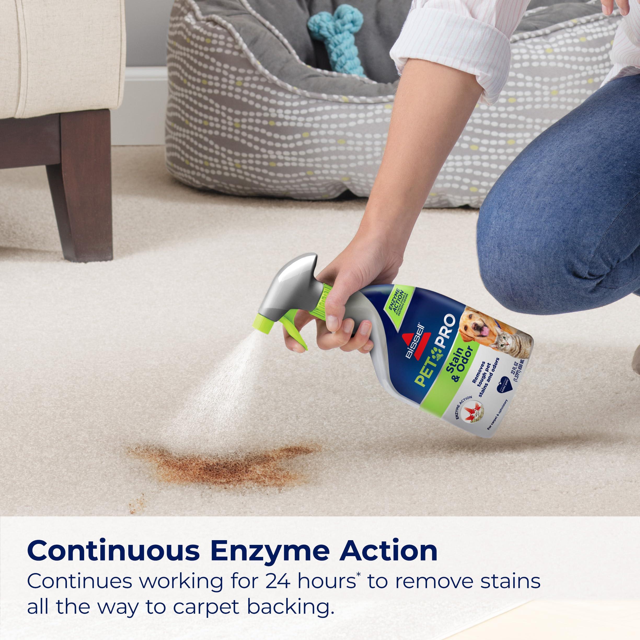 Bissell Pet Pro enzyme action on upholstery stain detail
