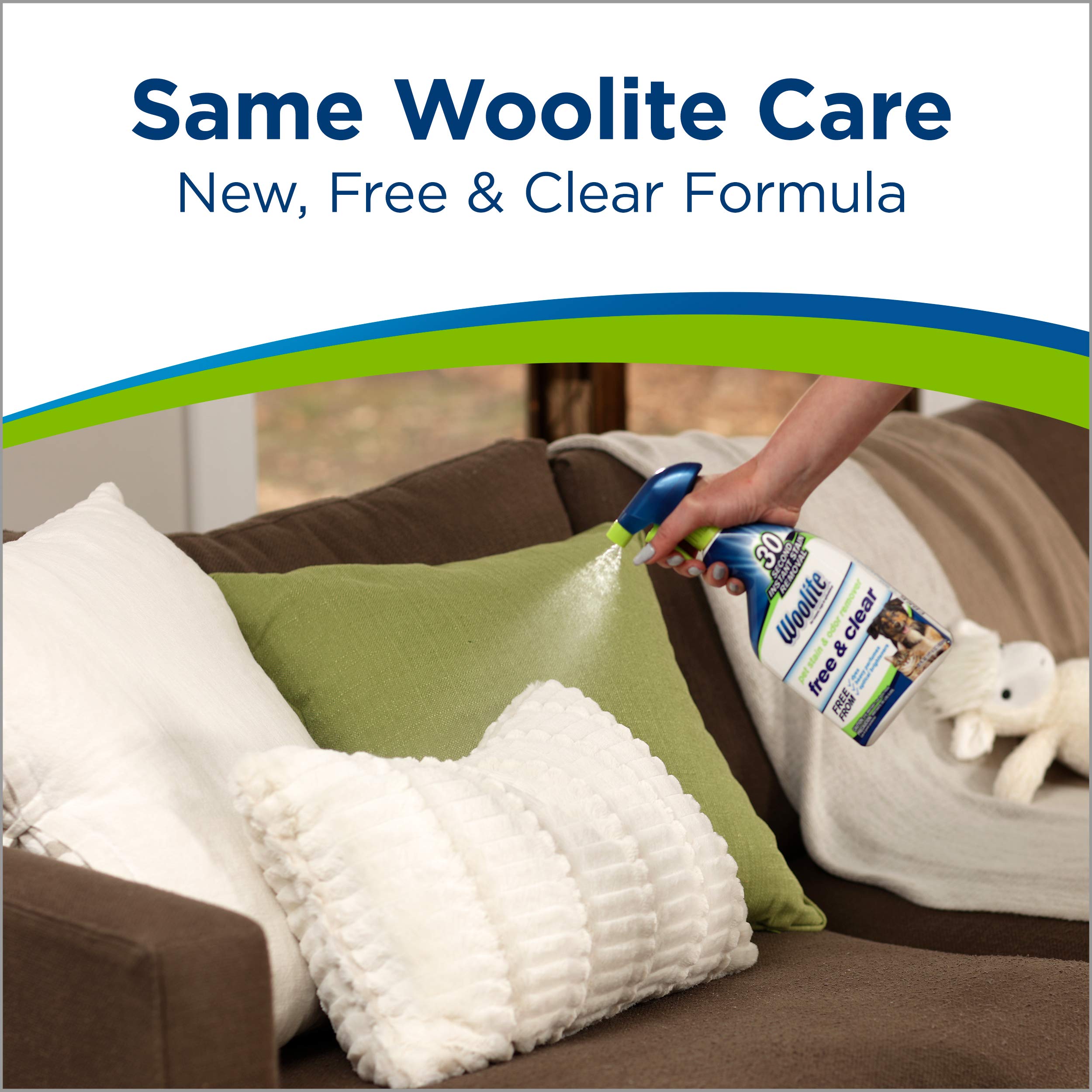 Bissell Woolite Free & Clear packaging shown with clean fabrics for safe stain care