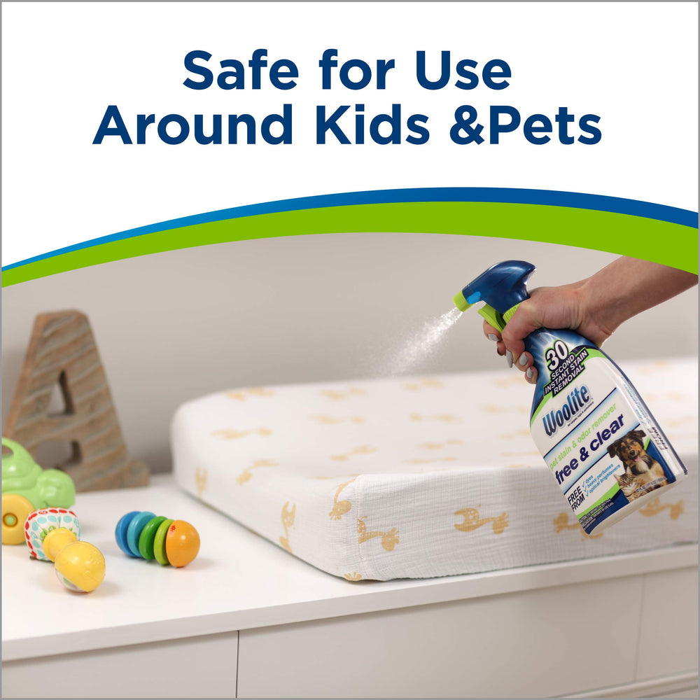 Bissell Woolite Free & Clear stain-removal action on fabric surfaces