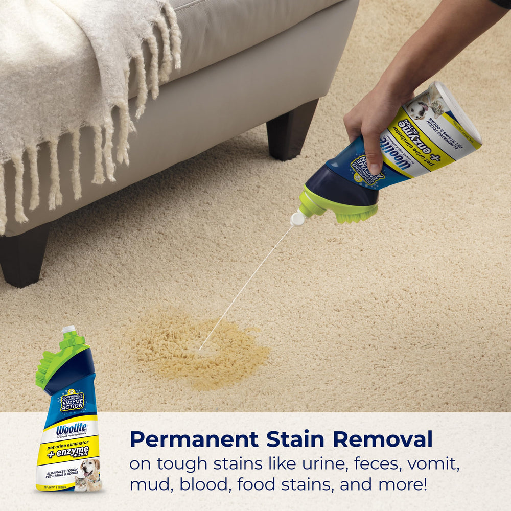Woolite Pet Urine Eliminator spray action neutralizing odors on surfaces