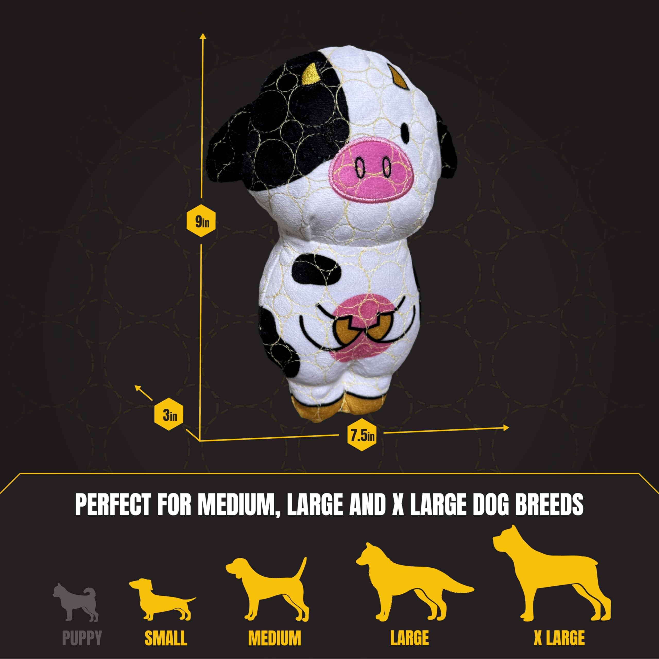 Close-up of Bite Force cow toy showing textured fabric and stitching