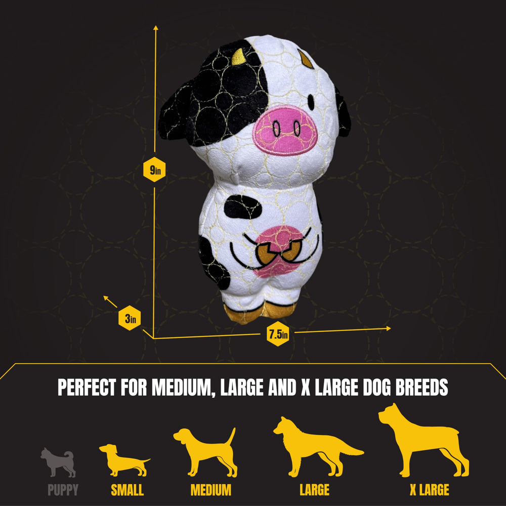 Close-up of Bite Force cow toy showing textured fabric and stitching