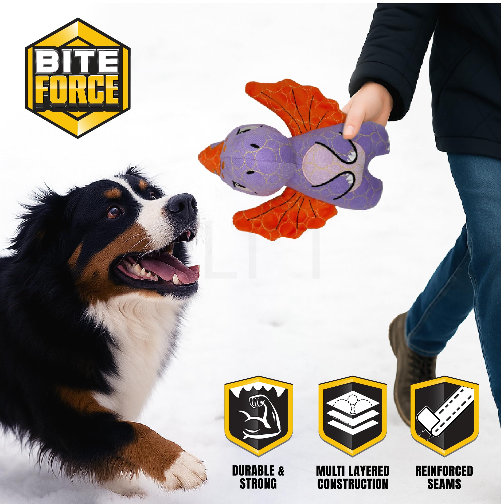 Bite Force purple dino dog toy closeup during outdoor play