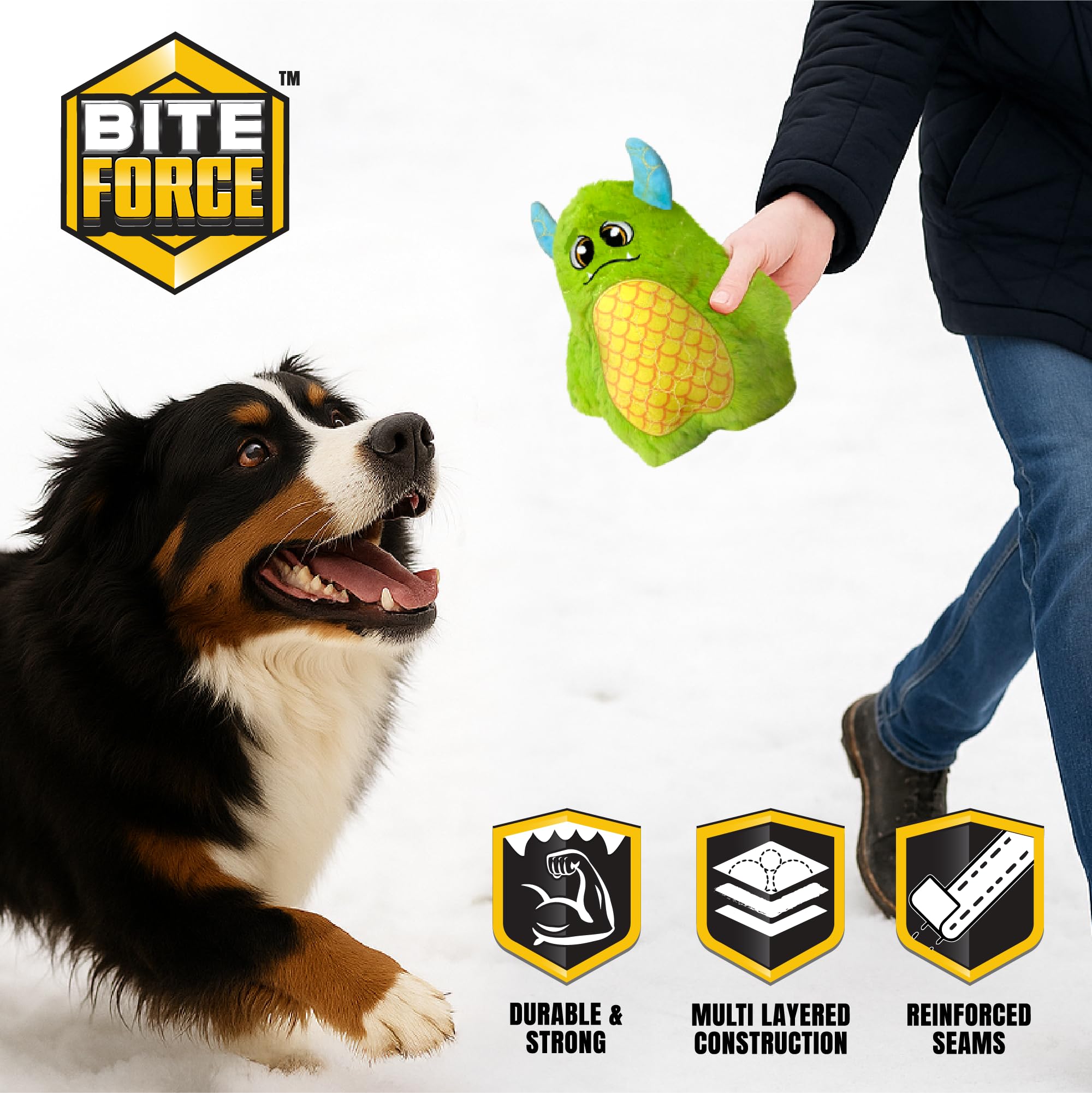 Bite Force green monster toy designed for large dogs with reinforced stitching.