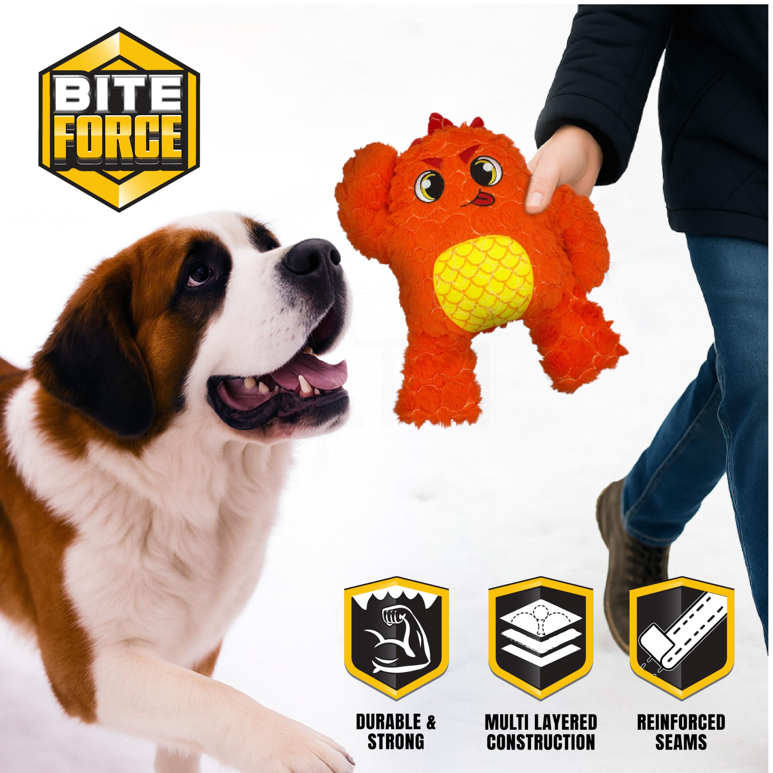 Bite Force orange monster dog toy reinforced seams withstand tougher chewing sessions.