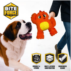 Bite Force orange monster dog toy reinforced seams withstand tougher chewing sessions.