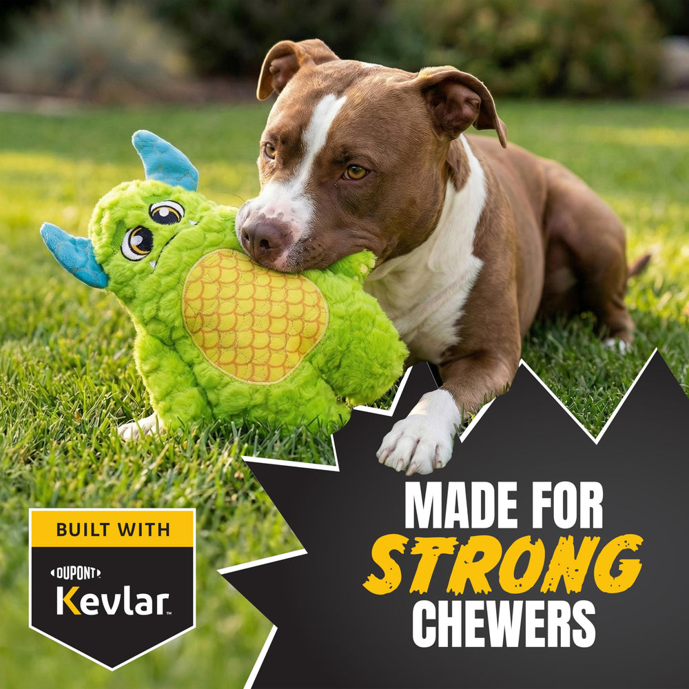 Bite Force plush dog toy with a squeak to boost interactive play indoors and outdoors.