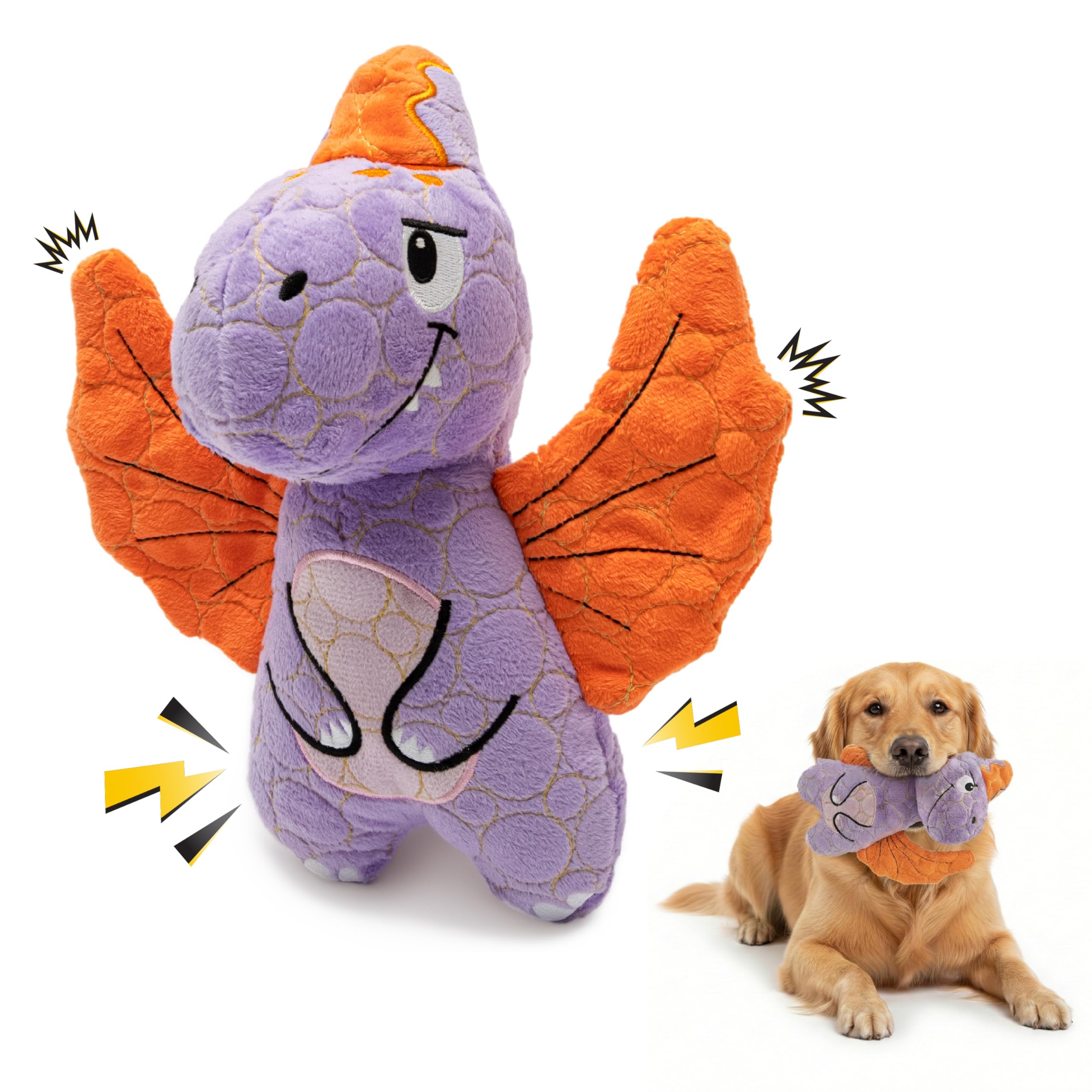 Bite Force purple dino squeaker toy for engaging aggressive chewers indoors