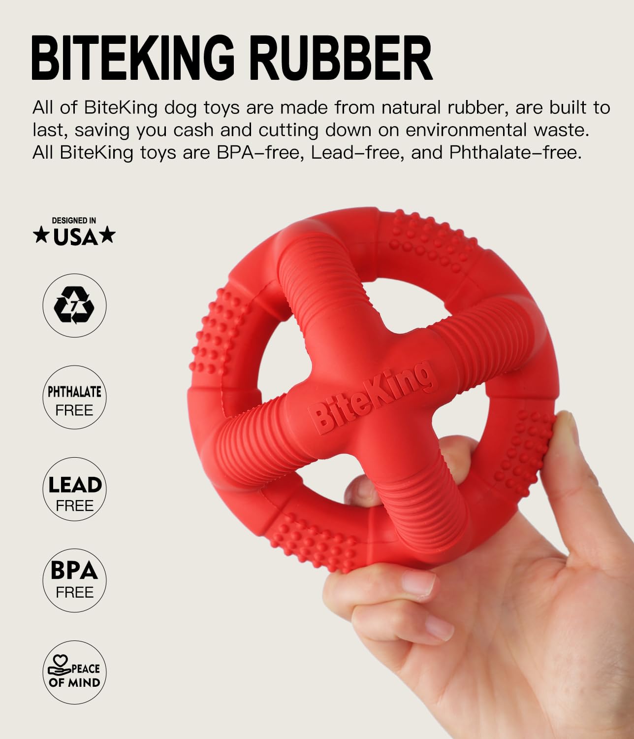 BiteKing dishwasher-safe dog ball for easy cleaning after play.
