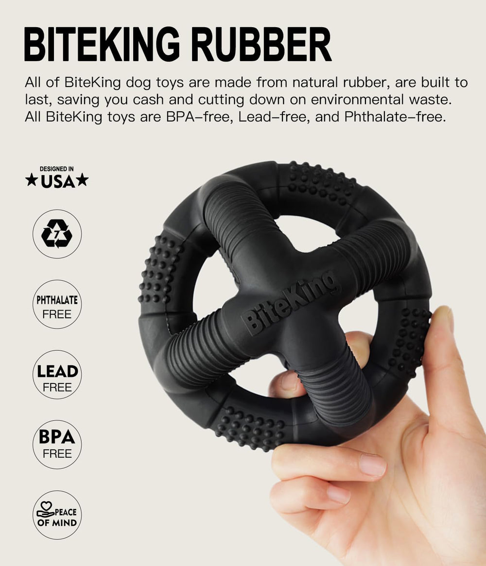 BiteKing natural rubber ball shown as dishwasher-safe for easy cleaning.
