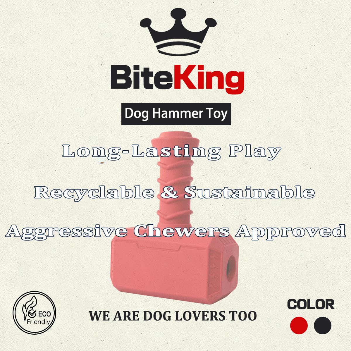 BiteKing Hammer Toy red close-up natural rubber material, durable.
