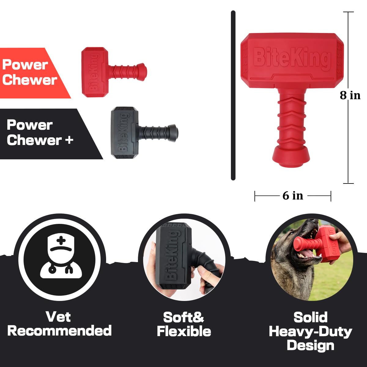 BiteKing hammer toy in red ready for fetch and play.