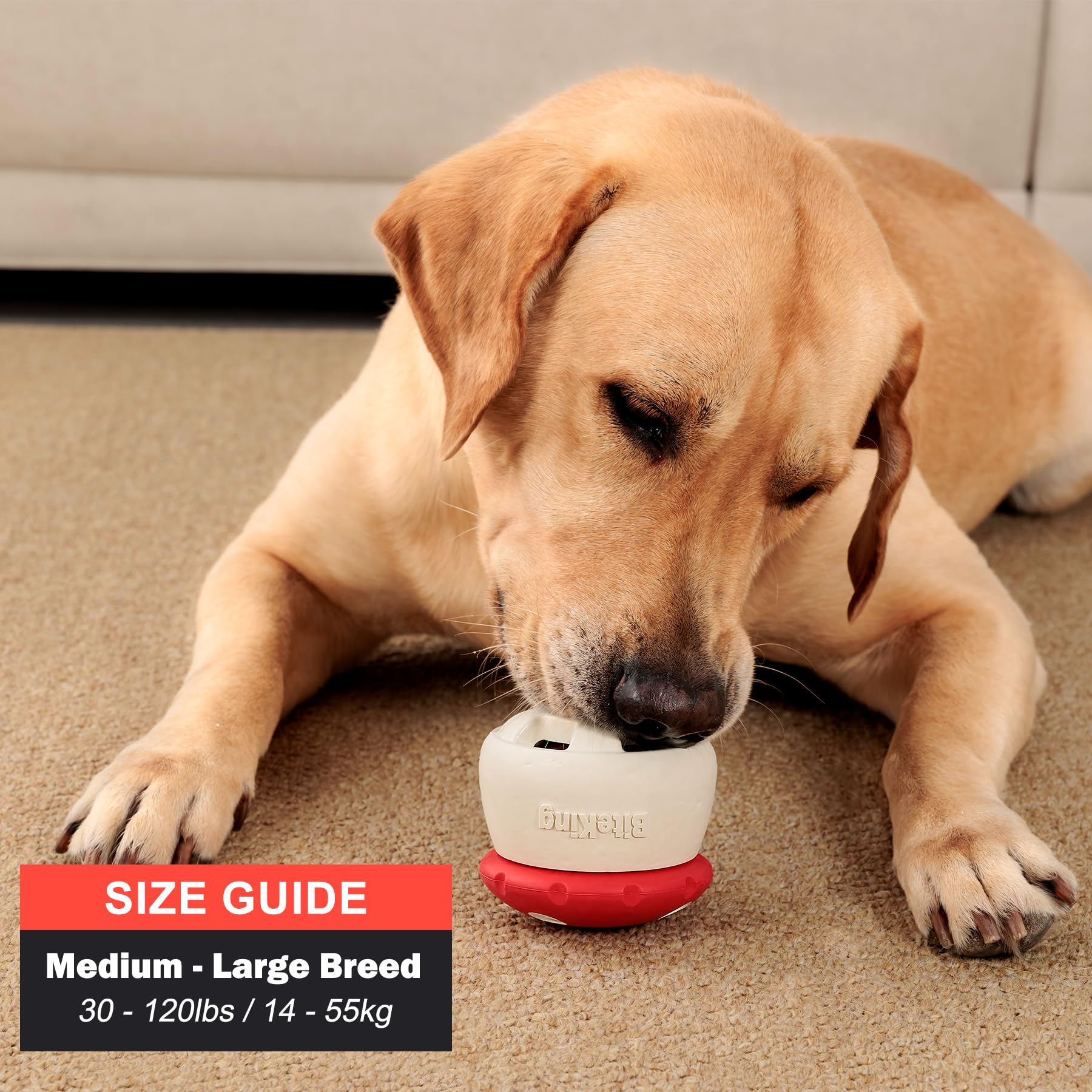 BiteKing treat dispensing toy shown in rolling play for rewards.
