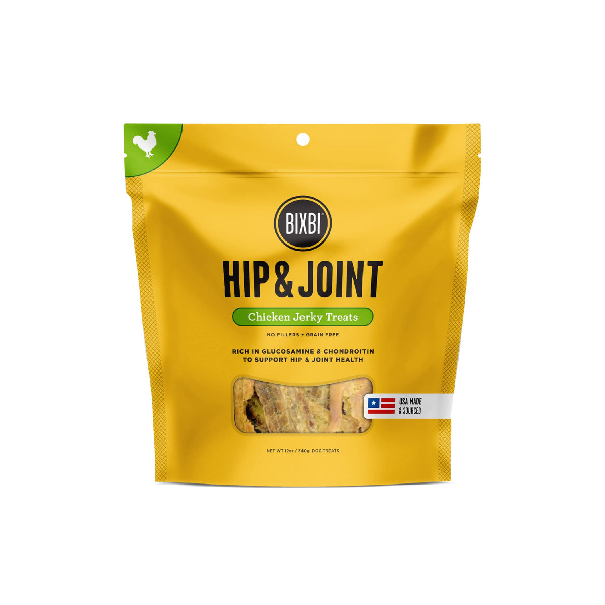 BIXBI Hip & Joint Chicken Jerky Dog Treat image highlights joint support.