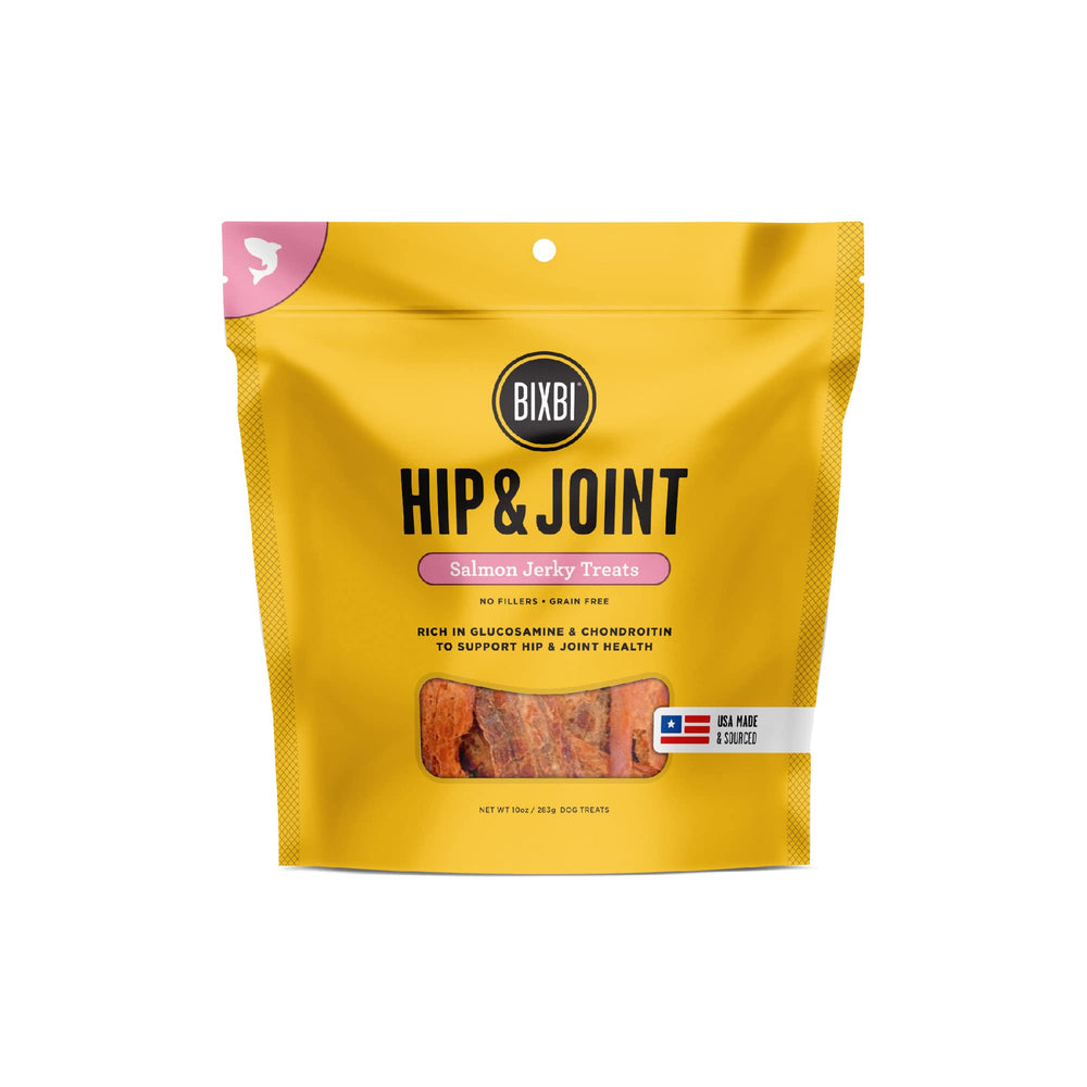BIXBI Hip & Joint Salmon Jerky bag displaying USA-made, protein-rich treats for active dogs.