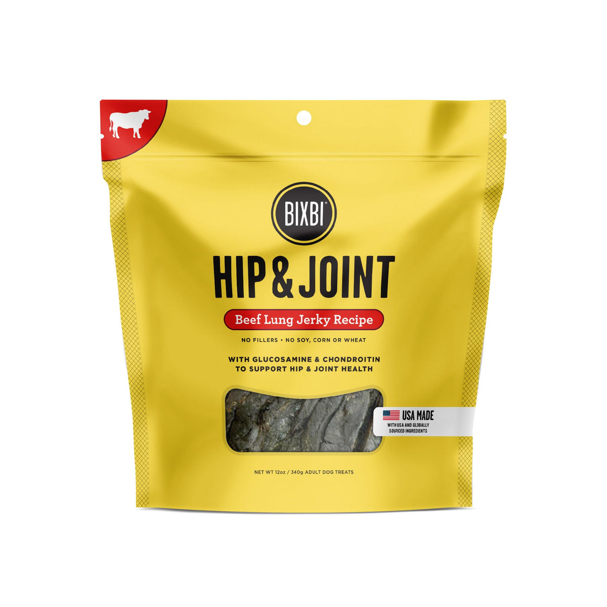 BIXBI Hip & Joint Support beef liver jerky bag for on-the-go rewards.