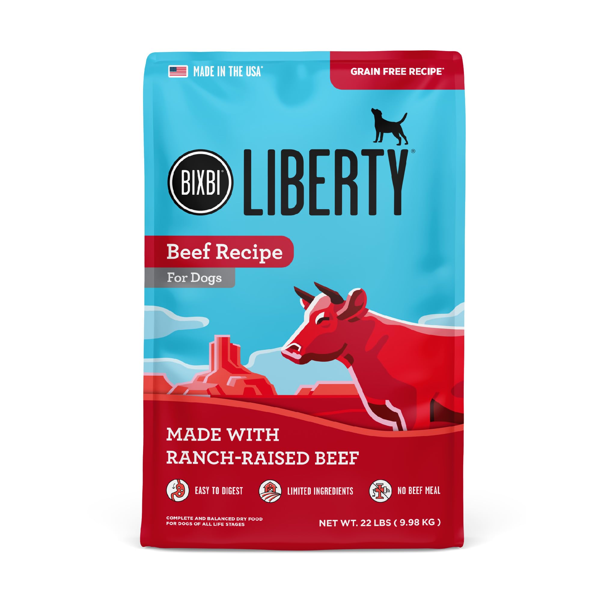 BIXBI Liberty beef dry dog food bag showing fresh meat first ingredient for digestibility