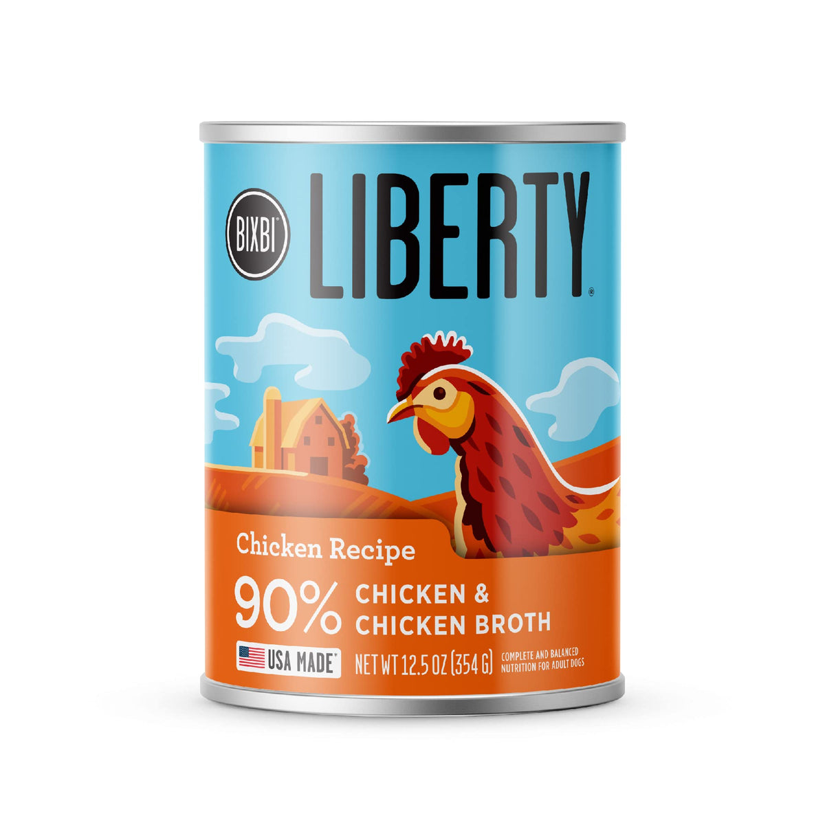 BIXBI Liberty chicken wet food can displays real ingredients and juicy chunks for dogs.