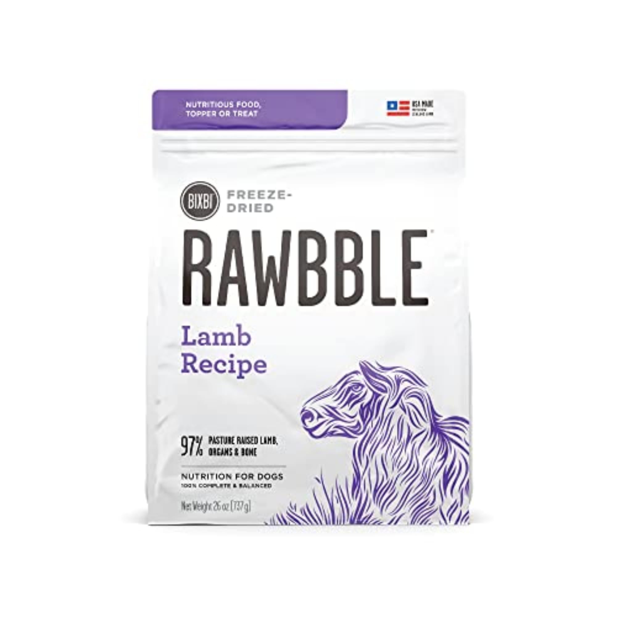 BIXBI Liberty freeze-dried lamb dog food in a bowl, convenient topper for healthier meals.