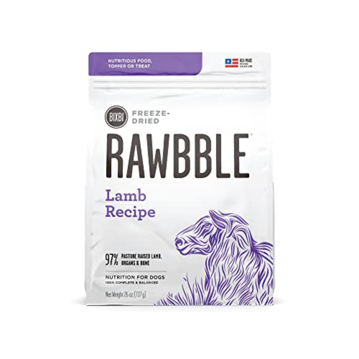 BIXBI Liberty freeze-dried lamb dog food in a bowl, convenient topper for healthier meals.