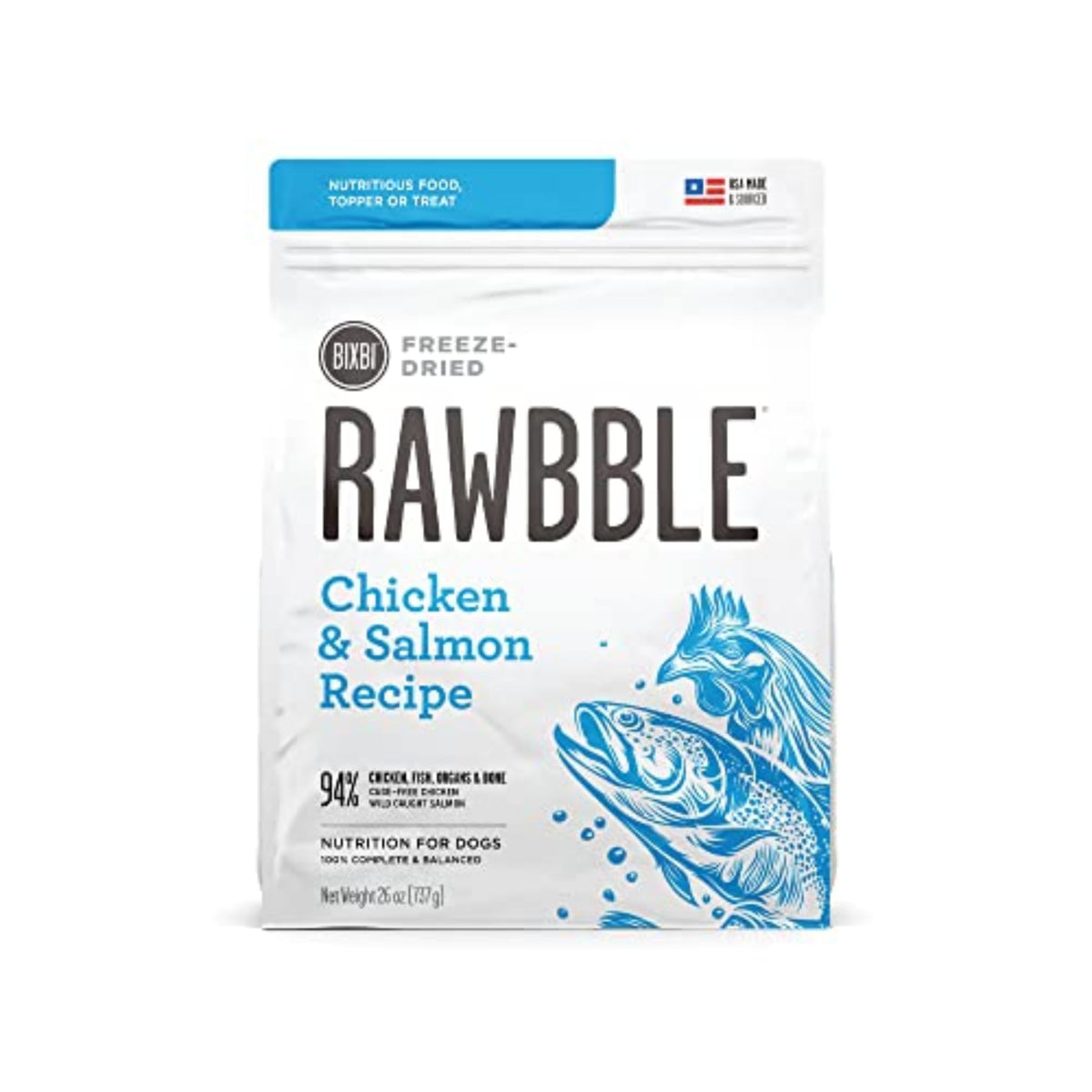 BIXBI Liberty freeze-dried topper bag shows chicken and salmon for convenient meals.