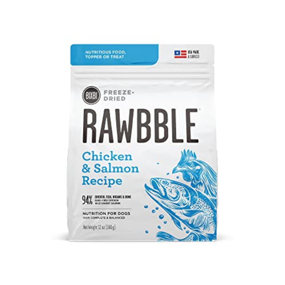 BIXBI Liberty freeze-dried topper chicken-salmon bites in bowl for protein boost