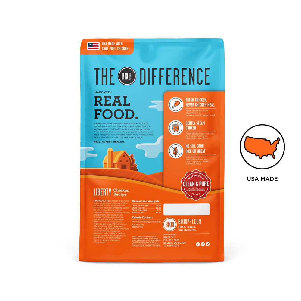 BIXBI Liberty grain-free bag label highlighting USA-made quality and fresh meat.
