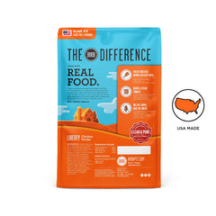 BIXBI Liberty grain-free bag label highlighting USA-made quality and fresh meat.