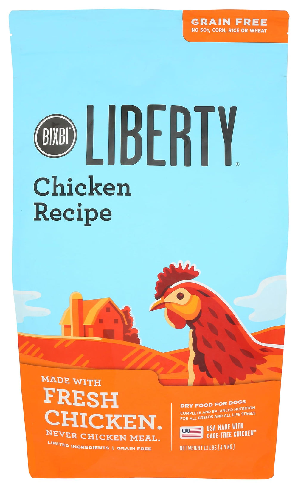BIXBI Liberty packaging label emphasizes USA-made quality and safe protein sources.