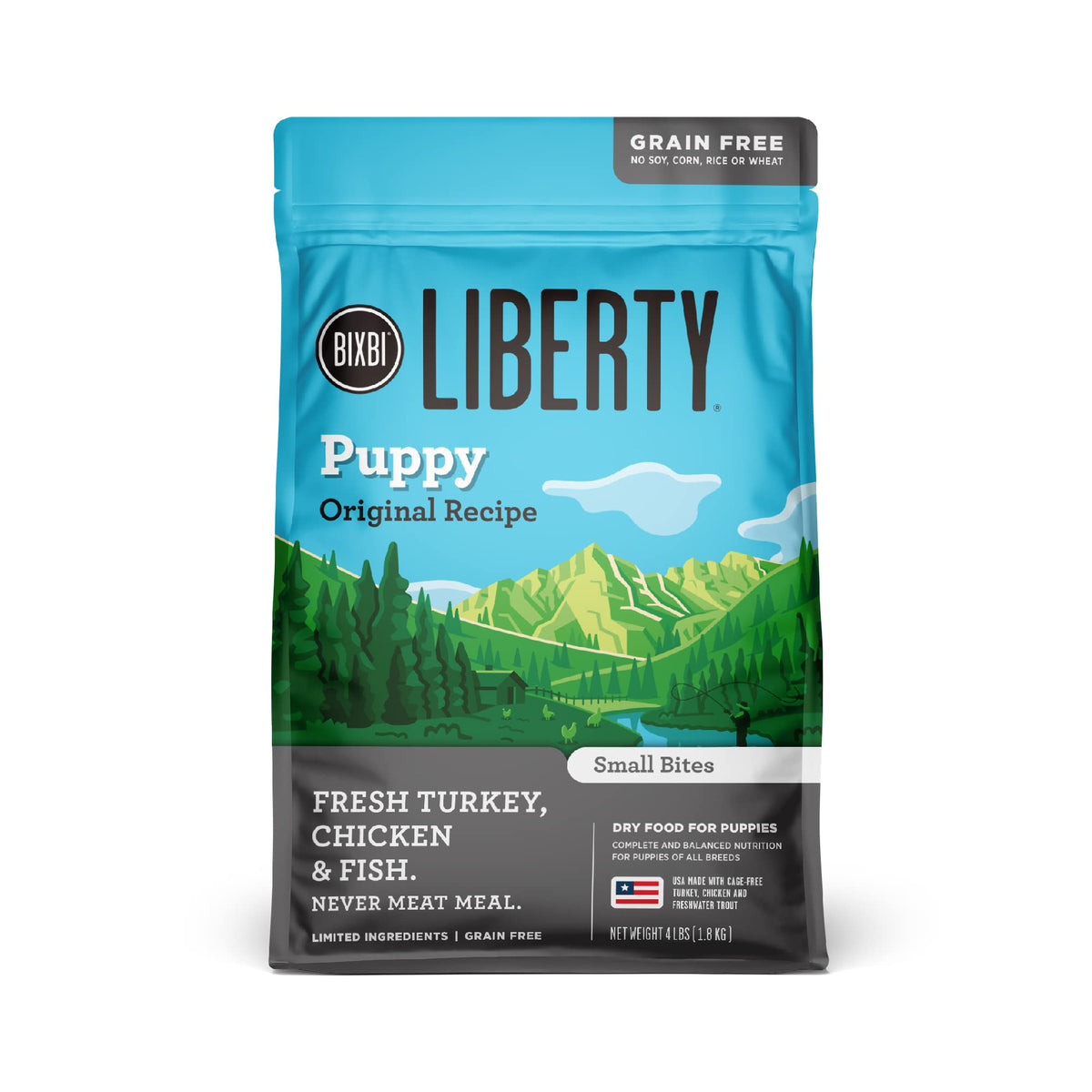 BIXBI Liberty grain-free puppy bag highlighting fresh meat-first recipe and protein-rich nutrition