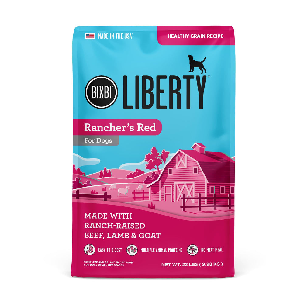 BIXBI Liberty Rancher’s Red kibble closeup shows fresh beef first for digestion potential.