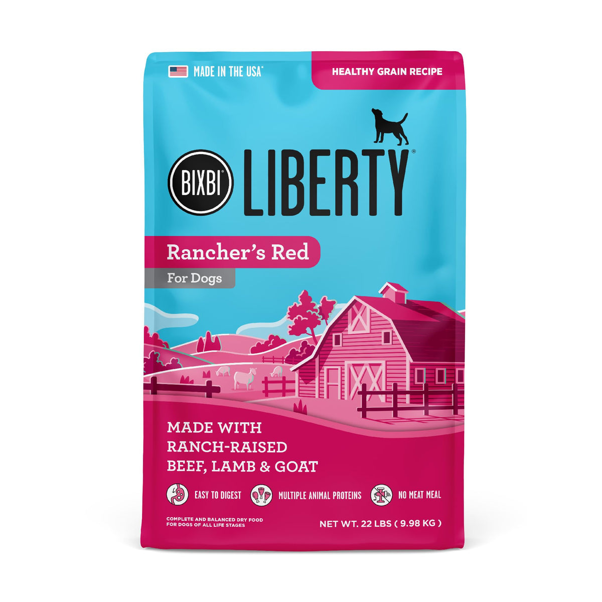 BIXBI Liberty Rancher’s Red kibble closeup shows fresh beef first for digestion potential.