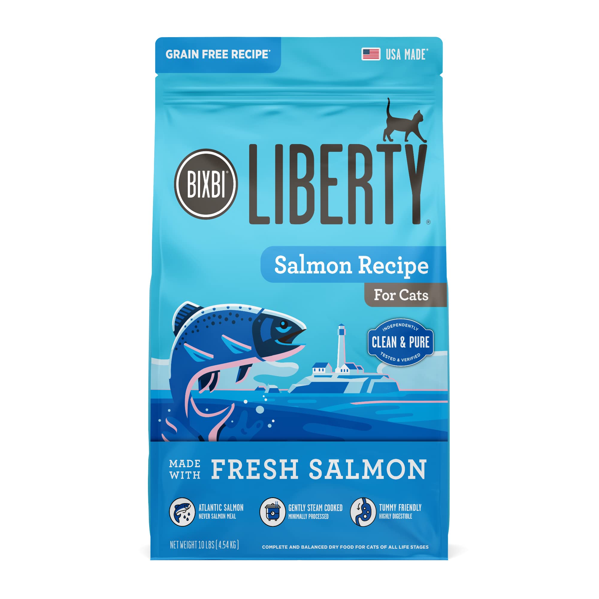BIXBI Liberty Salmon dry food bag shows premium salmon protein for cats