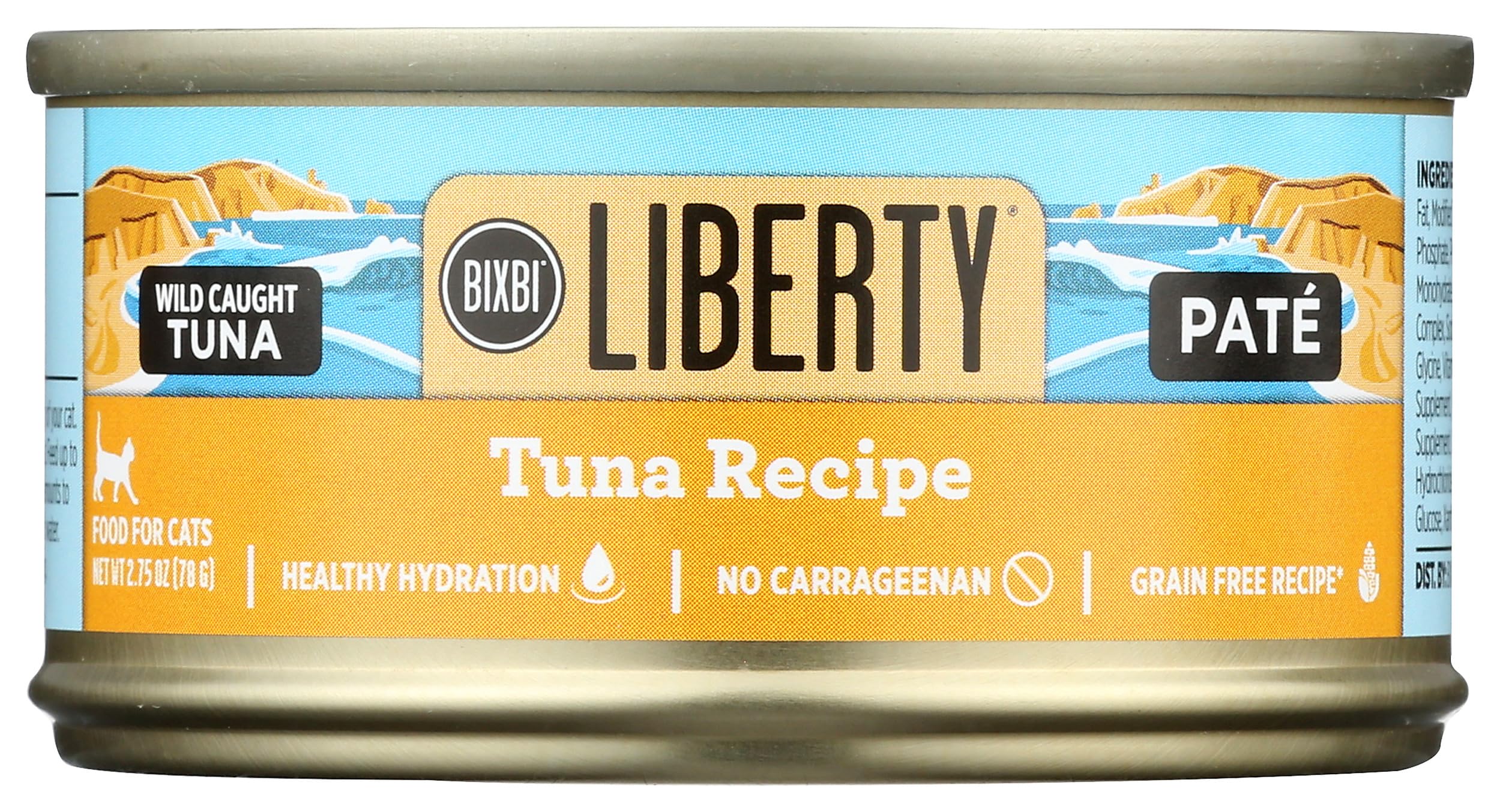 BIXBI Liberty tuna pate can front shows grain-free protein-rich wet cat food.